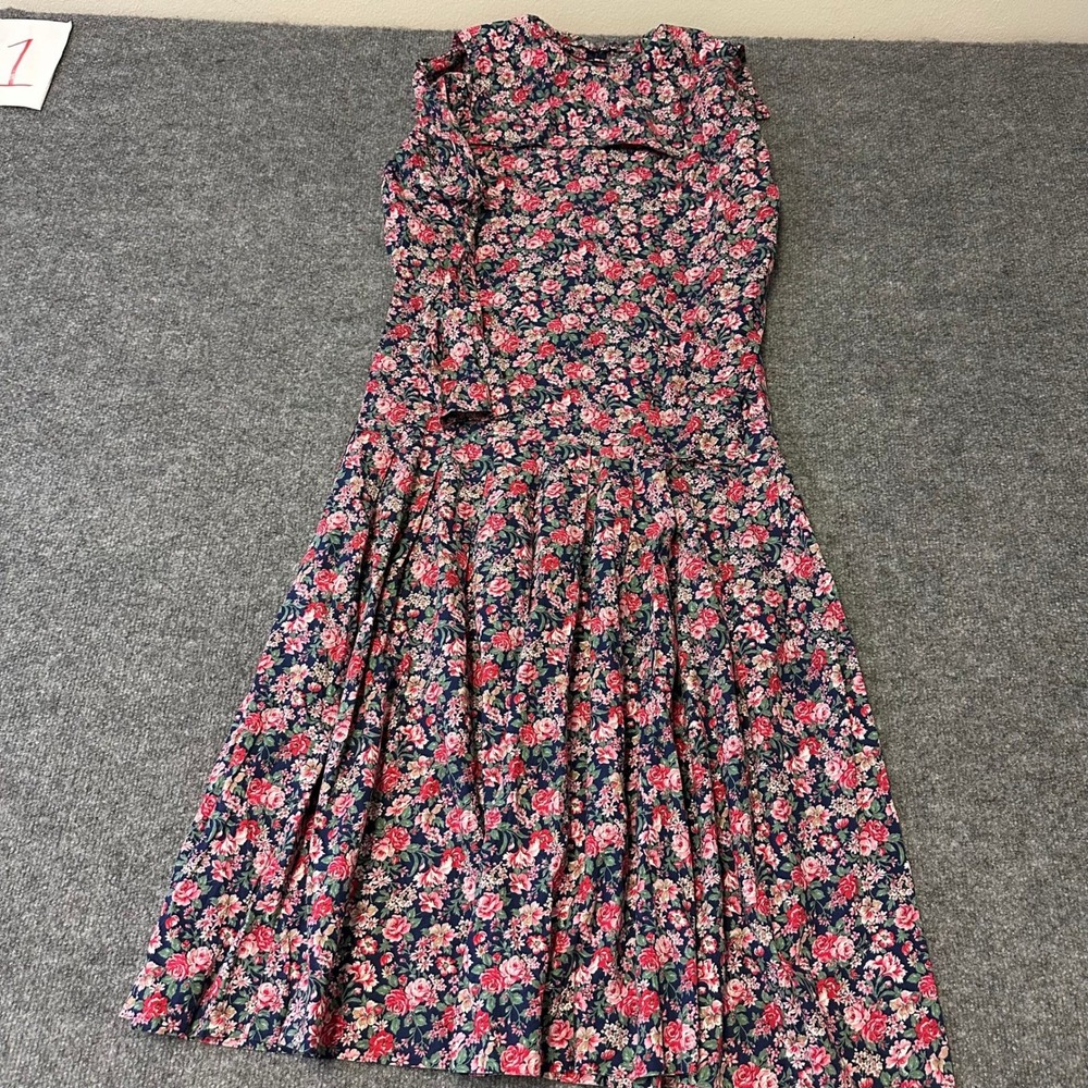 J. Crew Dress Womens Size 8 Navy Blue Floral Rose Pleated Long Sleeve Midi